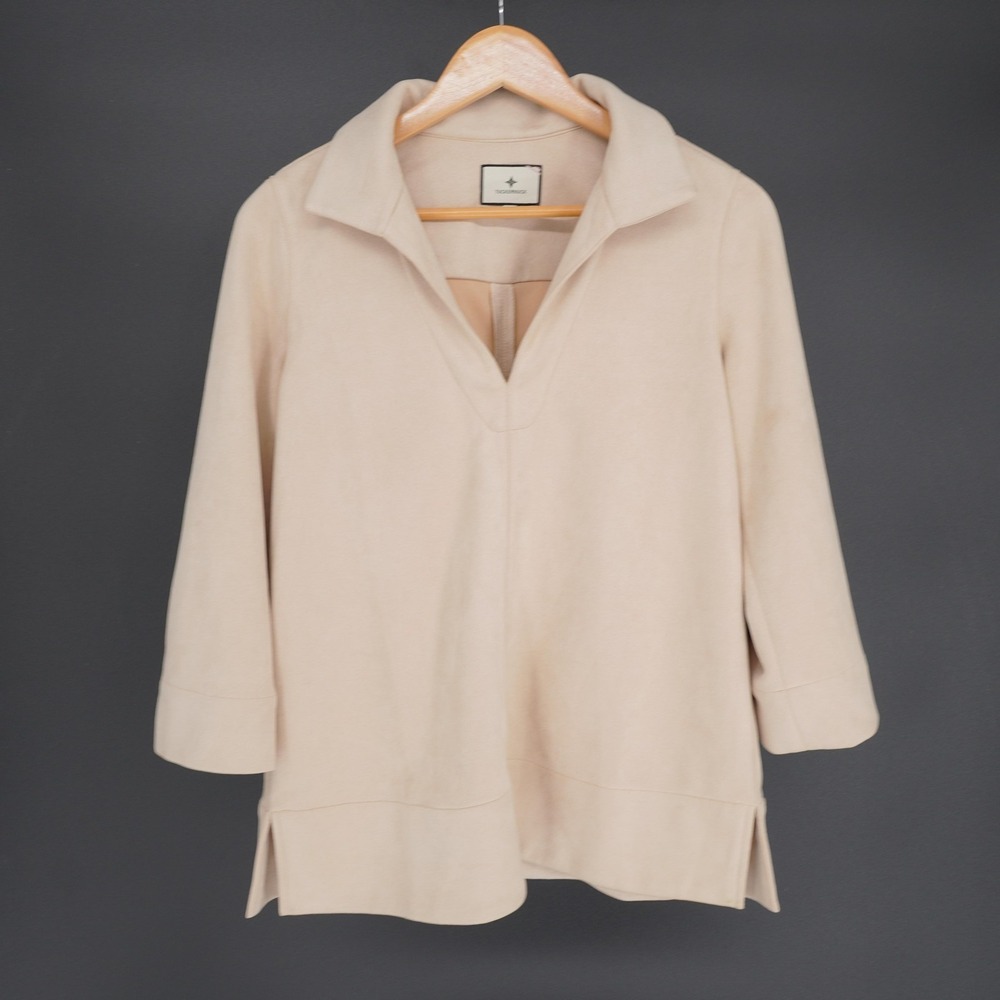 Tuckernuck Blouse Womens S Beige Collared V-Neck 3/4 Sleeve Tunic Slit Stretch